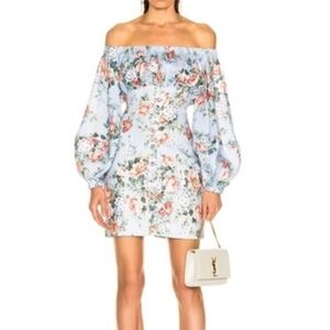 Zimmermann Linen Blue Floral Off-Shoulder Dress Size 1
